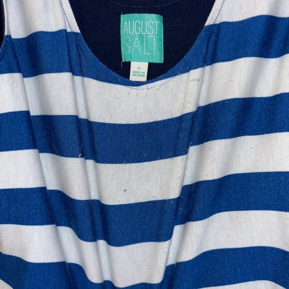 August Salt Navy with blue and white stripe flounce top maxi dress size Small - Picture 2 of 4
